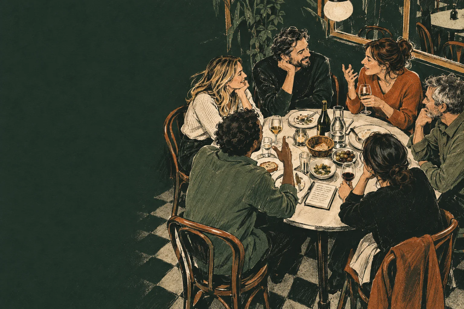 Dessin d’une conversation animée autour d’un dîner, scène illustrative