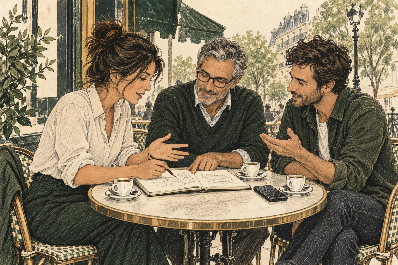 Dessin de trois entrepreneurs discutant ensemble autour d’un carnet